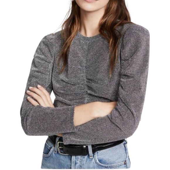 Rebecca Taylor Lurex Metallic Silver. Ruched 3/4 Puff Sleeve Blouse. Medium NWOT - Picture 6 of 8